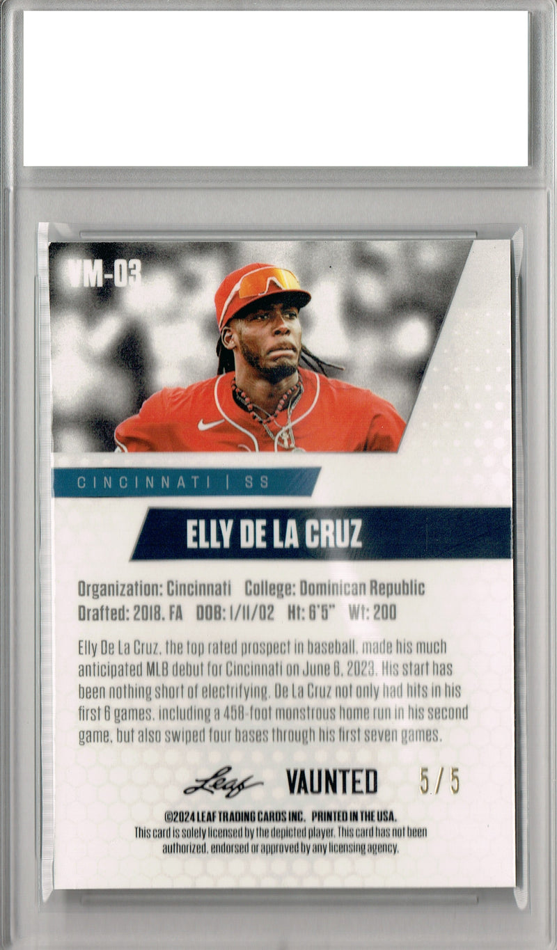 Certified Mint+ Elly De La Cruz 2024 Leaf Vaunted Metal #VM-03 Green 5 Made Rookie Card Cincinnati Reds