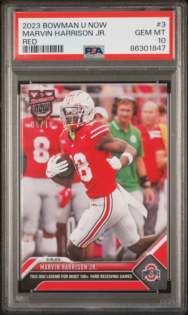 PSA 10 Marvin Harrison 2023 Bowman University Now #3 Red SP #5/10 Rookie Card Arizona Cardinals