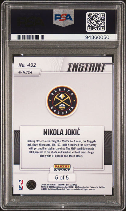 PSA 10 Nikola Jokic 2023 Panini Instant #492 Versicolor #5 of 5 Rare Trading Card