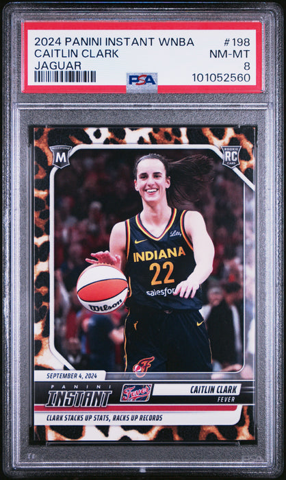 PSA 8 Caitlin Clark 2024 Panini Instant #198 Jaguar SP #5/10 Rookie Card