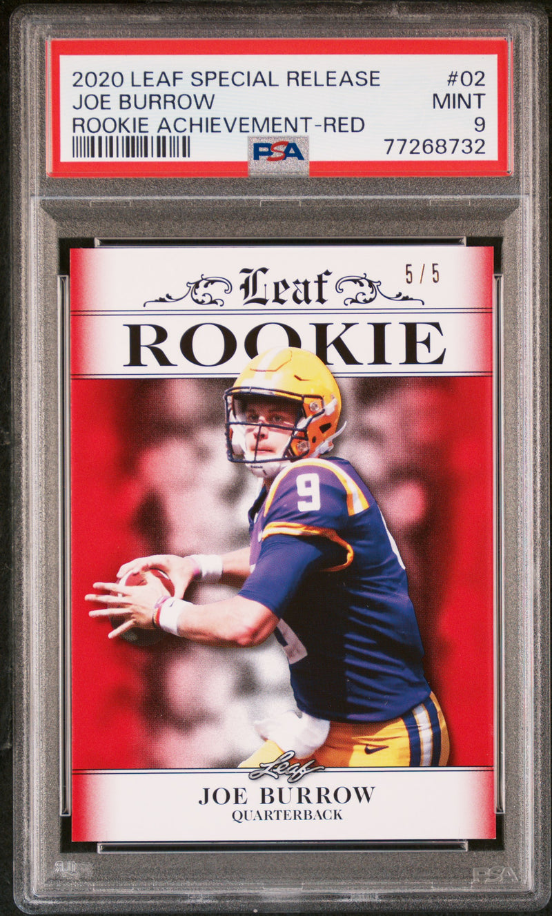 Joe Burrow Rookie Card Cincinnati PSA MINT 9 (Mint) Football Trading Card 2020 Leaf Exclusive #2 Red 5/5