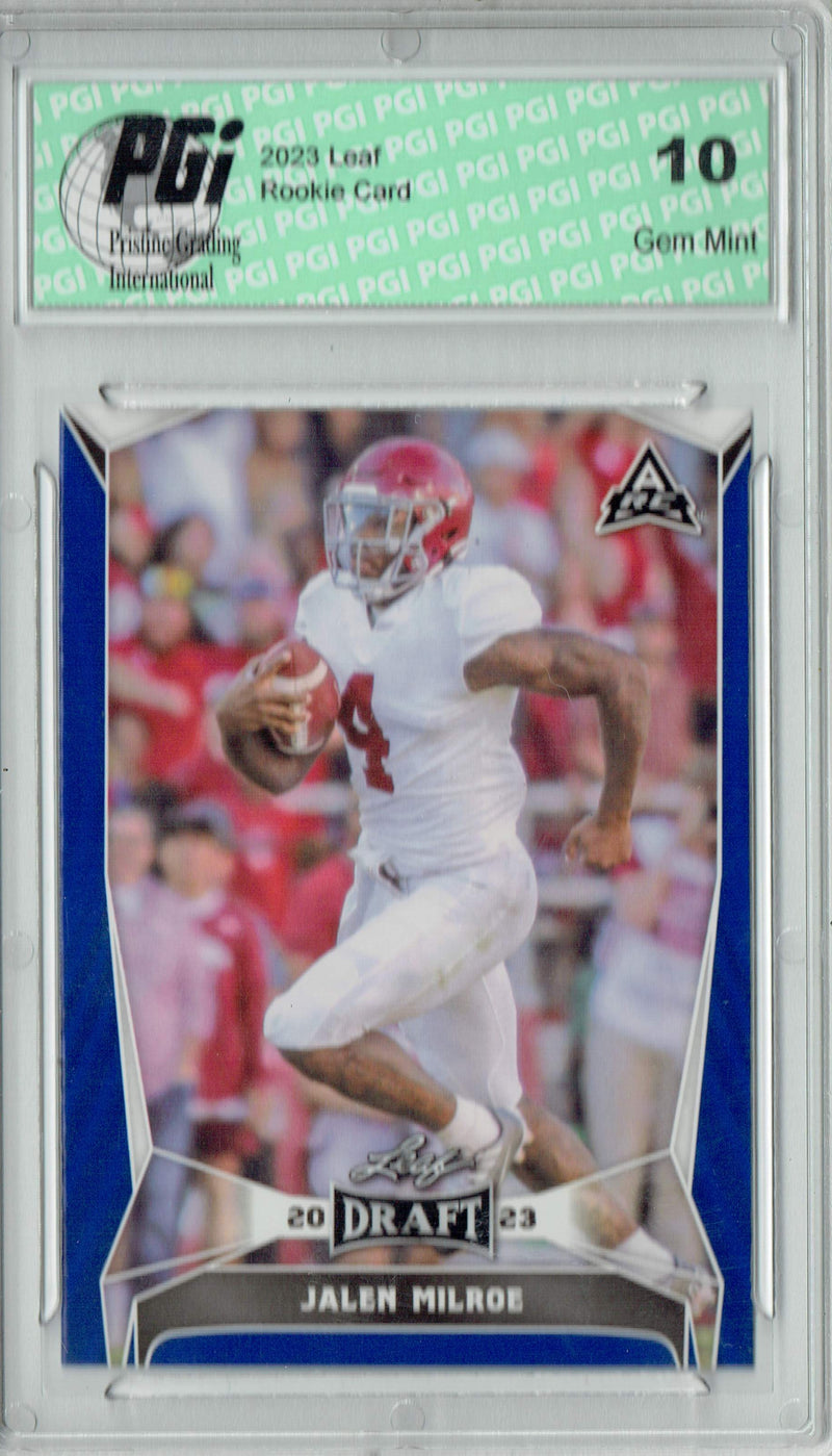 Jalen Milroe Rookie Card Alabama / Seattle PGI 10 Gem Mint Football Trading Card 2023 Leaf Football #36 Blue SP