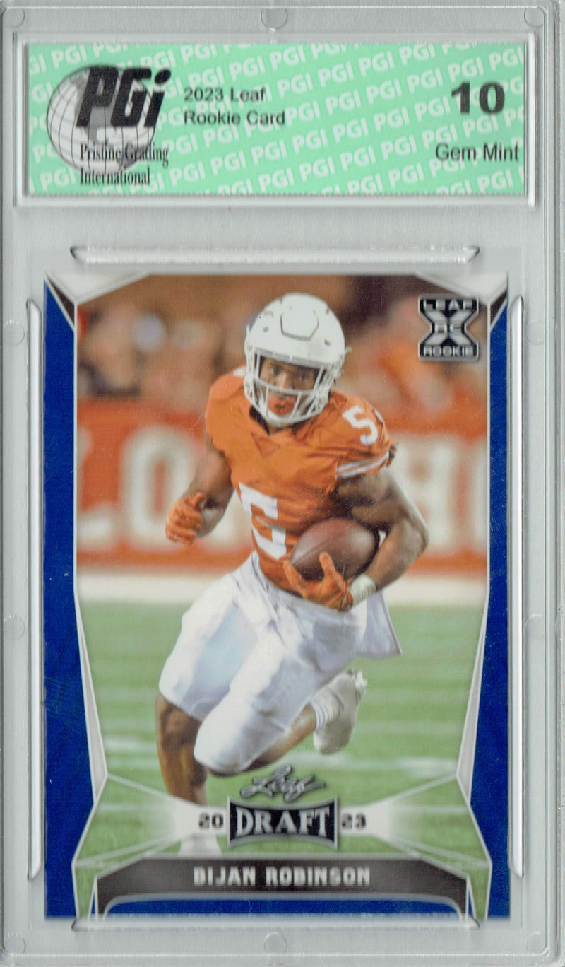 Bijan Robinson Rookie Card Atlanta PGI 10 Gem Mint Football Trading Card 2023 Leaf Football #41 Blue SP Texas