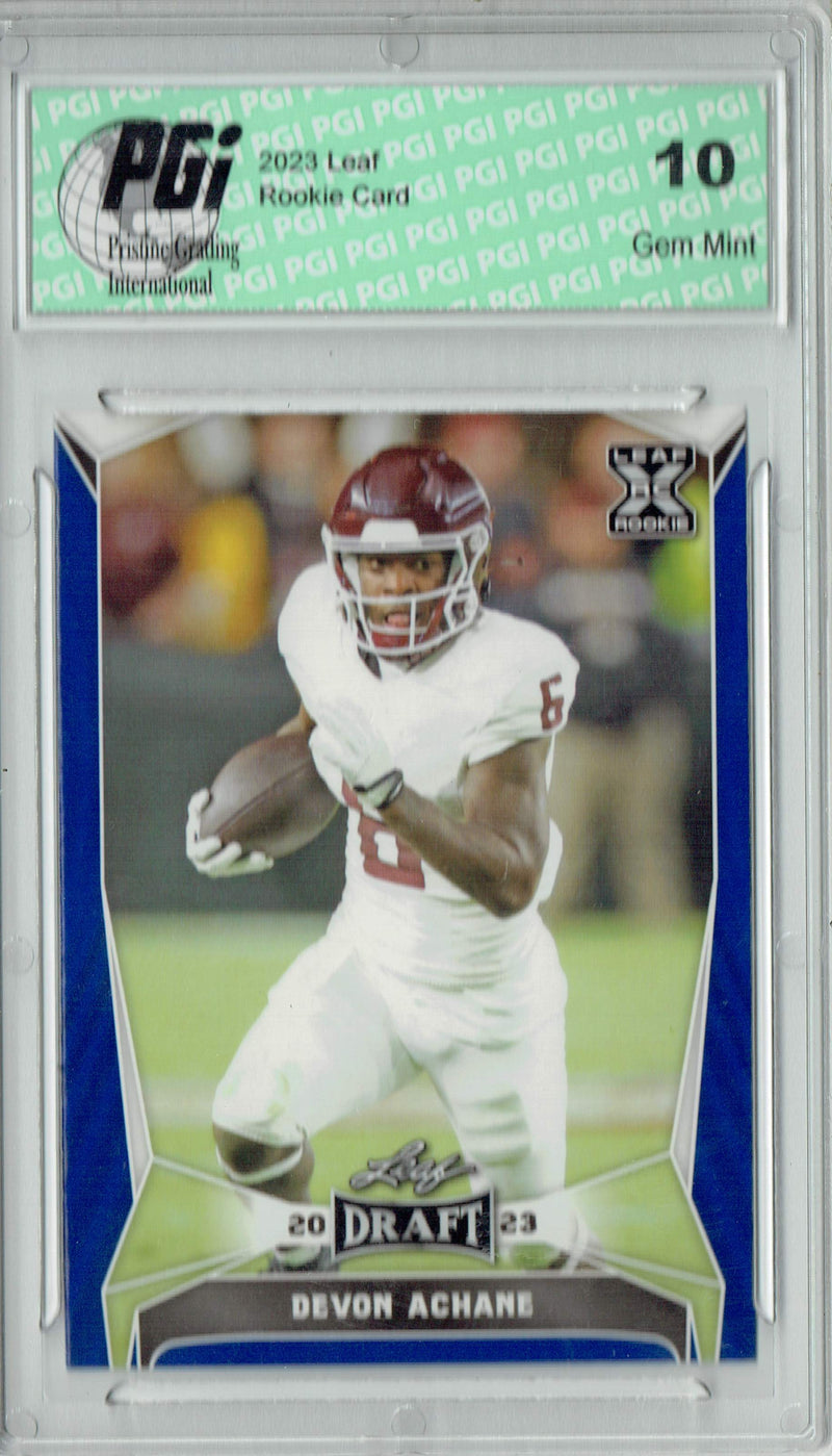 Devon Achane Rookie Card PGI 10 Gem Mint Football Trading Card 2023 Leaf Football #46 Blue SP