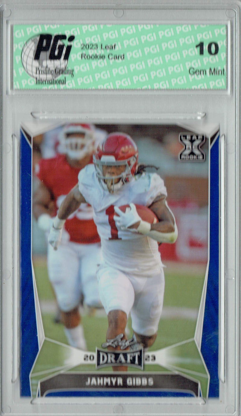 Jahmyr Gibbs Rookie Card PGI 10 Gem Mint Football Trading Card 2023 Leaf Football #50 Blue SP