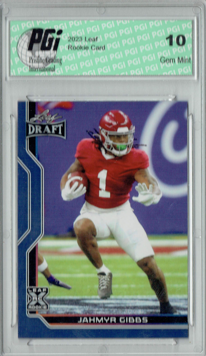 Jahmyr Gibbs Rookie Card PGI 10 Gem Mint Football Trading Card 2023 Leaf Football #B2-8 Blue Special Edition