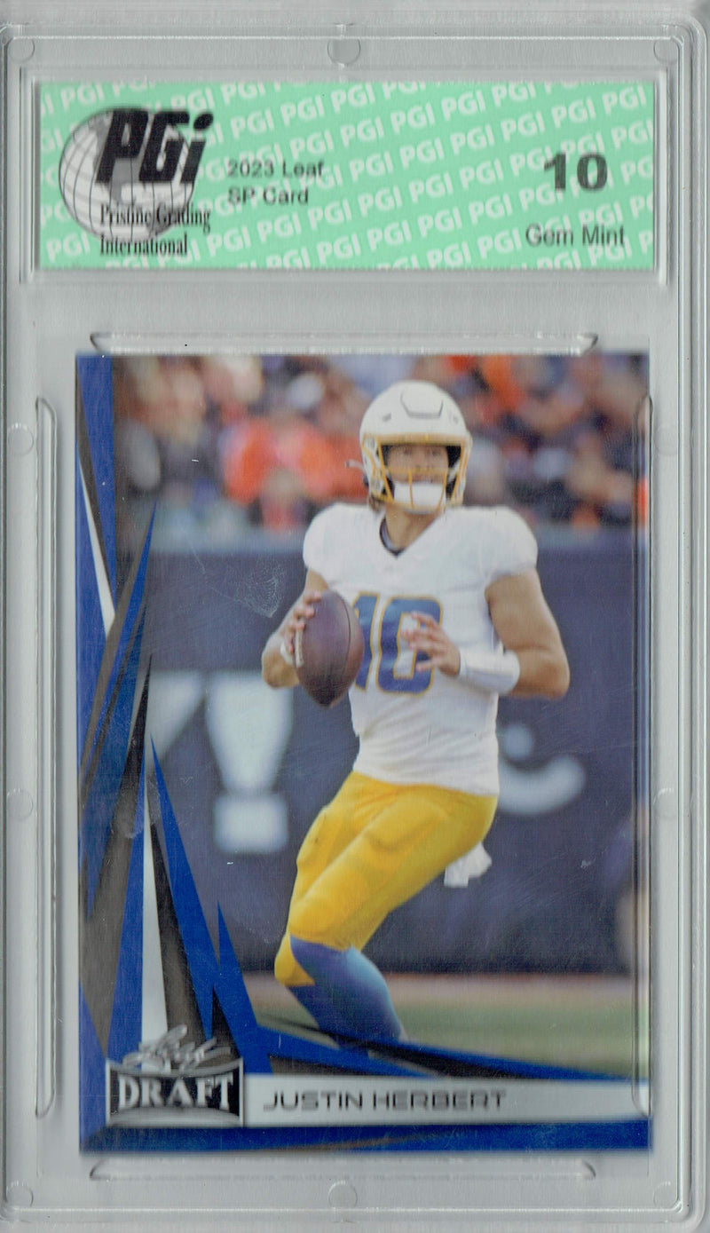 Justin Herbert Trading Card PGI 10 Gem Mint Football Card 2023 Leaf Football #B2-3 Blue Special Edition