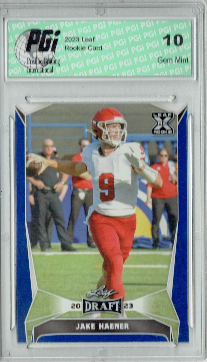 Jake Haener Rookie Card PGI 10 Gem Mint Football Trading Card 2023 Leaf Football #51 Blue SP