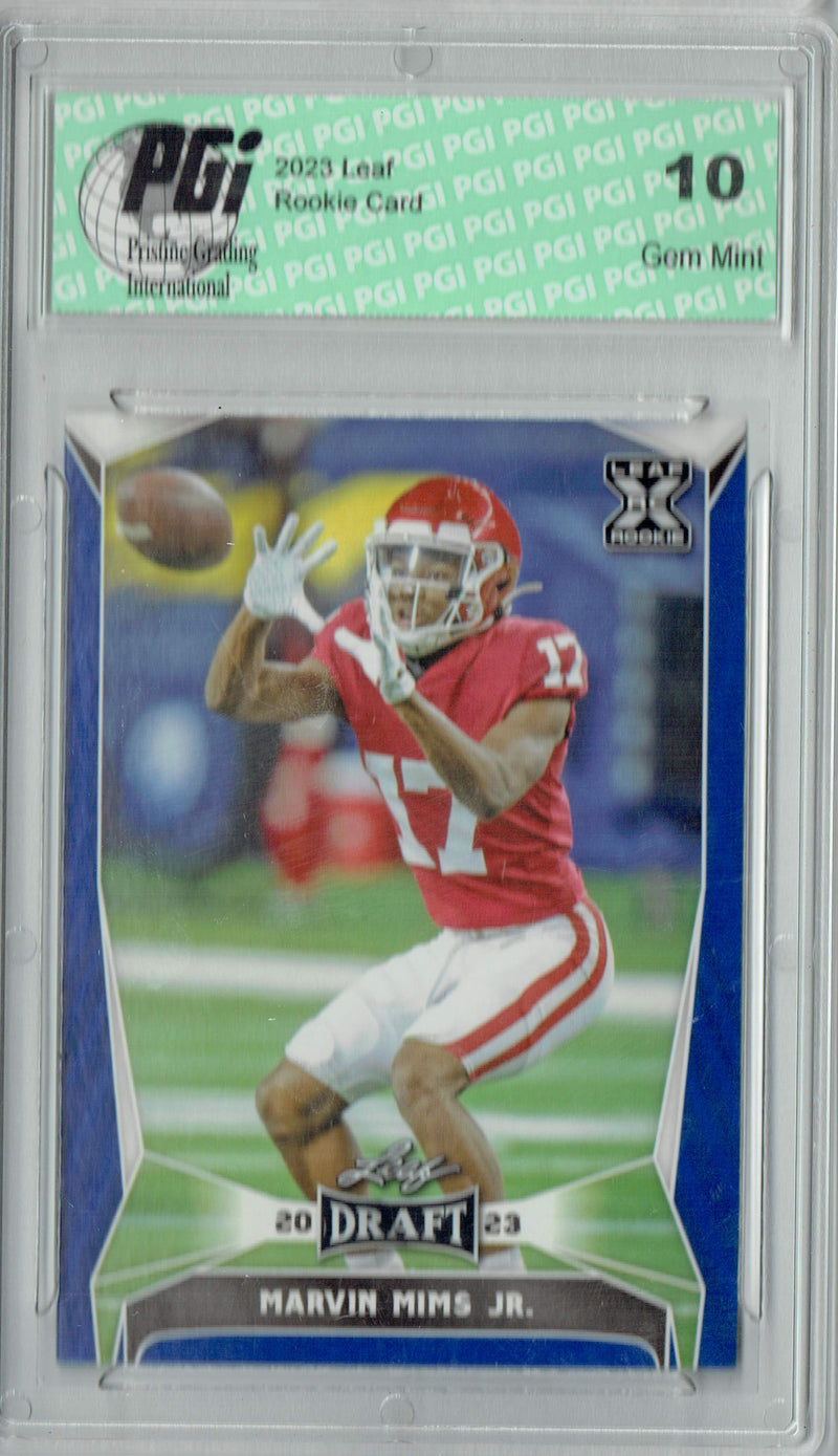 Marvin Mims Jr. Rookie Card PGI 10 Gem Mint Football Trading Card 2023 Leaf Football #60 Blue SP