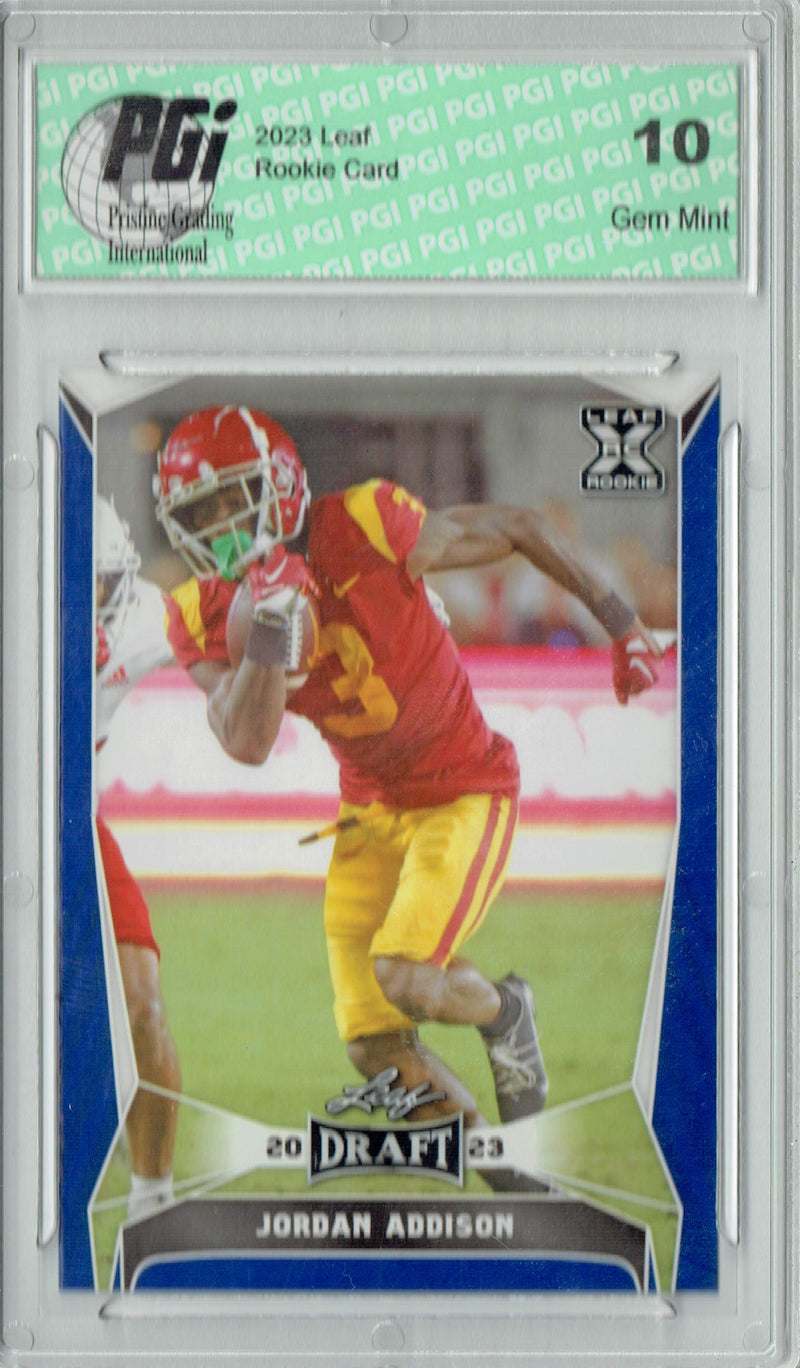 Jordan Addison Rookie Card Minnesota PGI 10 Gem Mint Football Trading Card 2023 Leaf Football #56 Blue SP