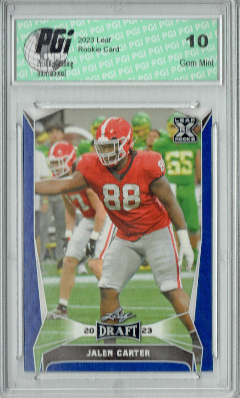 Jalen Carter Rookie Card PGI 10 Gem Mint Football Trading Card 2023 Leaf Football #52 Blue SP