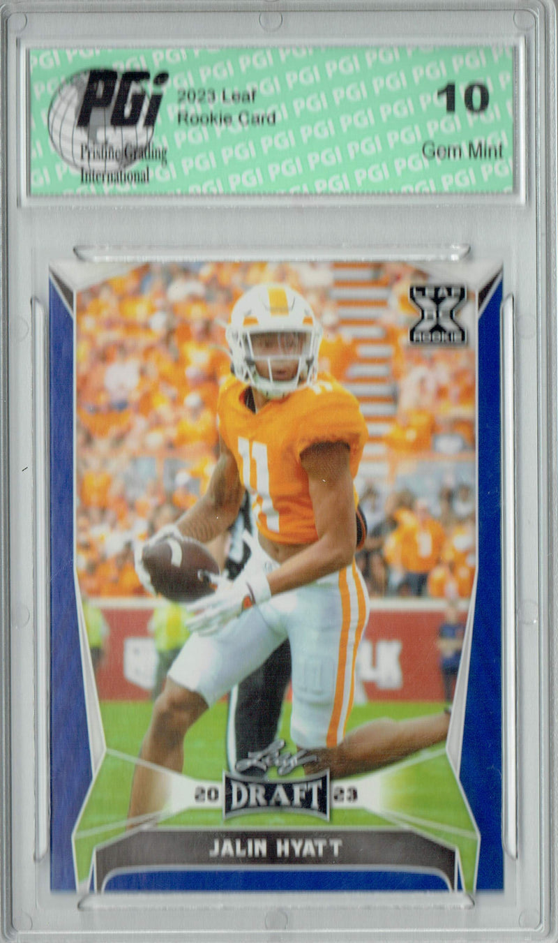 Jalin Hyatt Rookie Card PGI 10 Gem Mint Football Trading Card 2023 Leaf Football #53 Blue SP