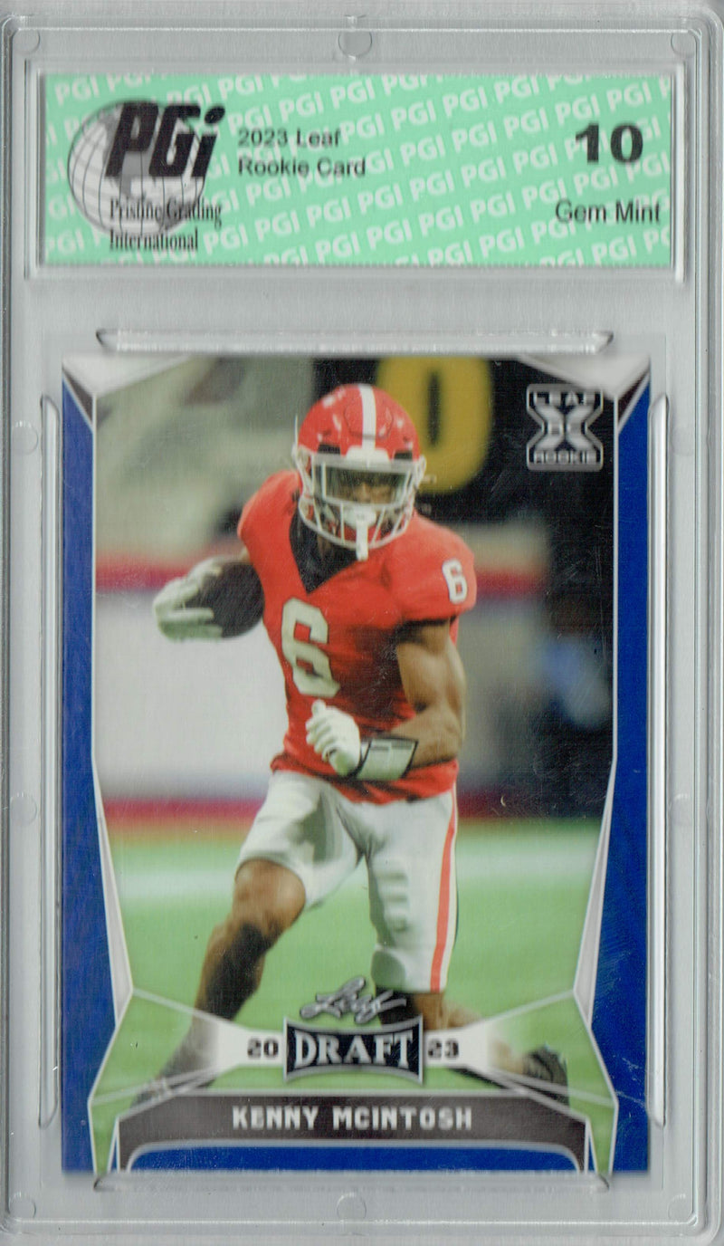 Kenny McIntosh Rookie Card PGI 10 Gem Mint Football Trading Card 2023 Leaf Football #59 Blue SP