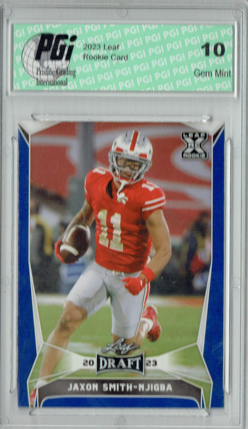 Jaxon Smith-Njigba Rookie Card PGI 10 Gem Mint Football Trading Card 2023 Leaf Football #55 Blue SP