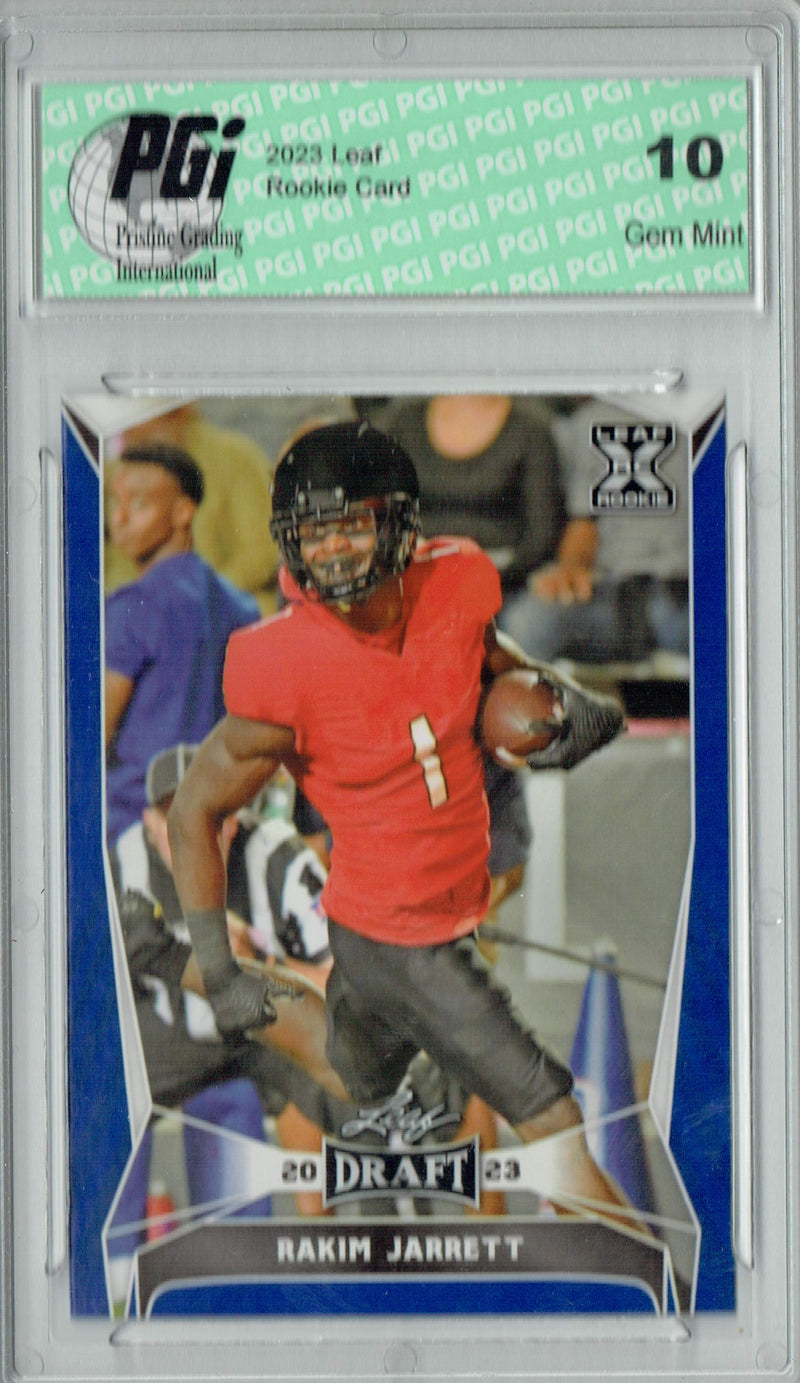 Rakim Jarrett Rookie Card PGI 10 Gem Mint Football Trading Card 2023 Leaf Football #65 Blue SP