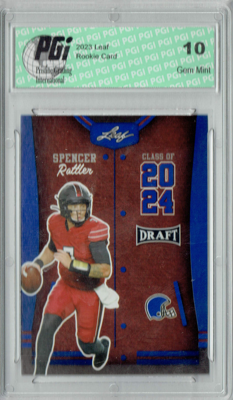 Spencer Rattler Rookie Card Oklahoma PGI 10 Gem Mint Football Trading Card 2023 Leaf Football #80 Blue SP Class of 2028