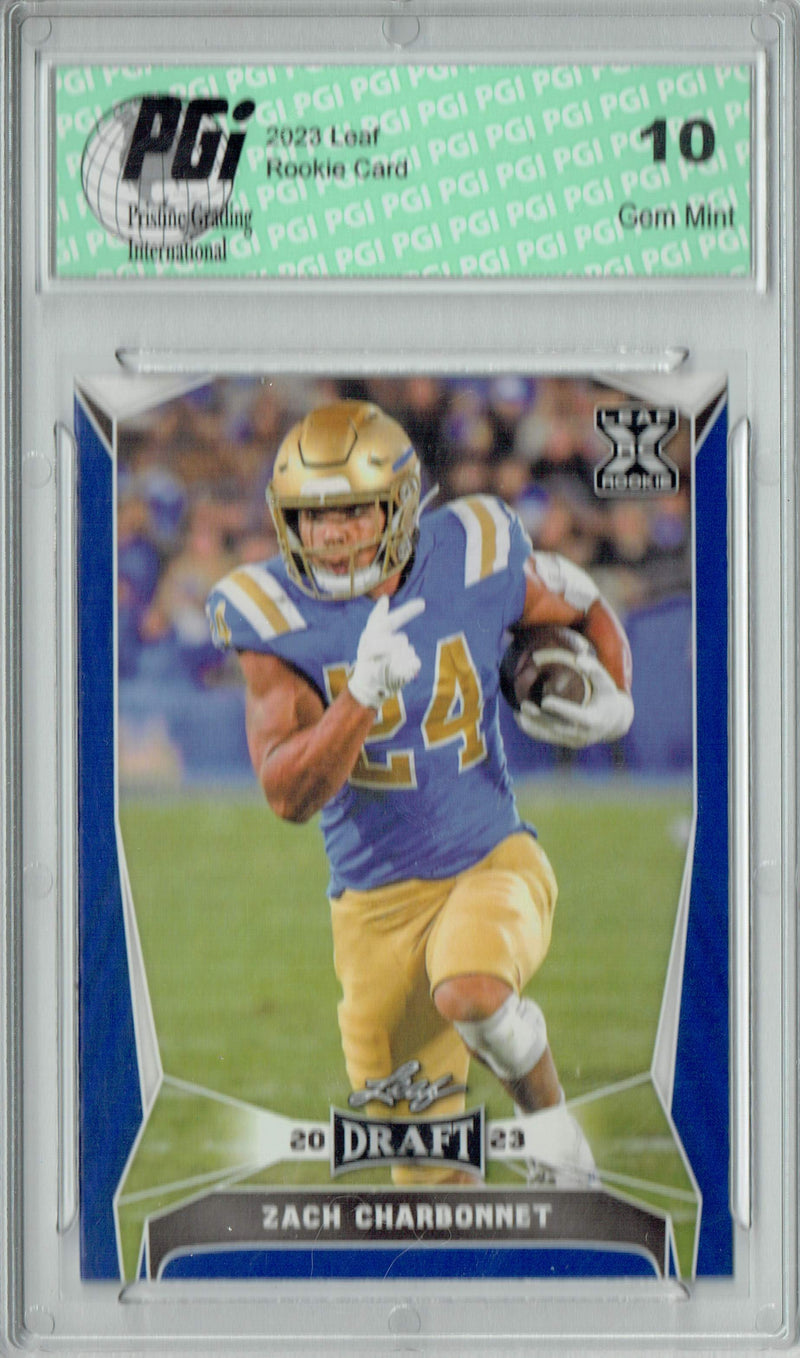 Zach Charbonnet Rookie Card PGI 10 Gem Mint Football Trading Card 2023 Leaf Football #74 Blue SP