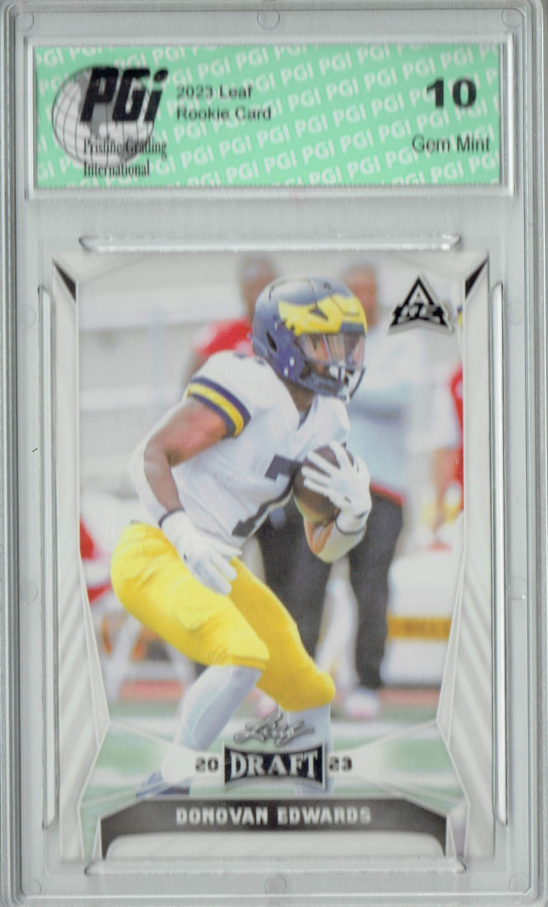 Donovan Edwards Rookie Card PGI 10 Gem Mint Football Trading Card 2023 Leaf Football #33 Gold SP