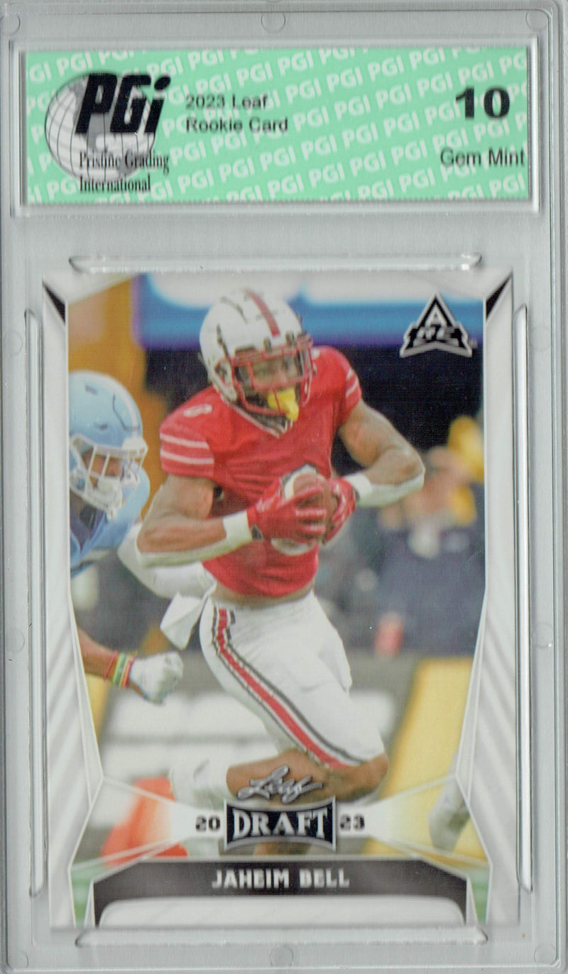 Jaheim Bell Rookie Card PGI 10 Gem Mint Football Trading Card 2023 Leaf Football #35 Gold SP