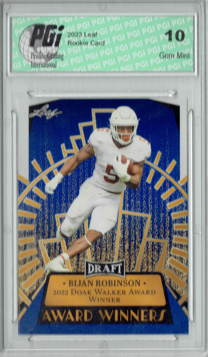 Bijan Robinson Rookie Card Atlanta PGI 10 Gem Mint Football Trading Card 2023 Leaf Football #12 Blue SP Award Winners