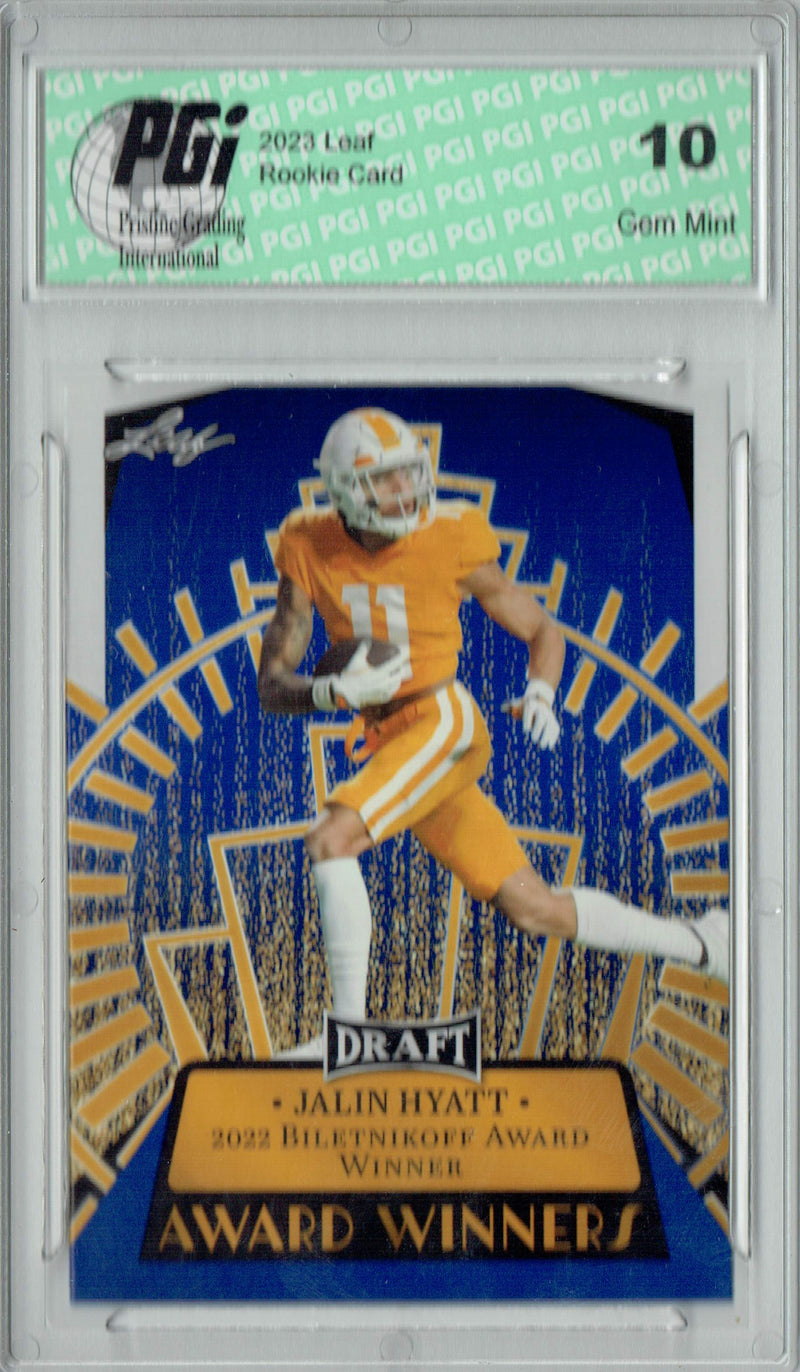 Jalin Hyatt Rookie Card PGI 10 Gem Mint Football Trading Card 2023 Leaf Football #15 Blue SP Award Winners