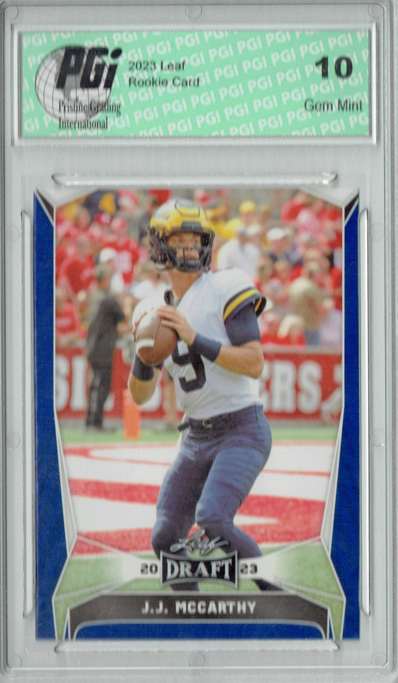 J.J. McCarthy Rookie Card Minnesota PGI 10 Gem Mint Football Trading Card 2023 Leaf Football #22 Blue Short Print