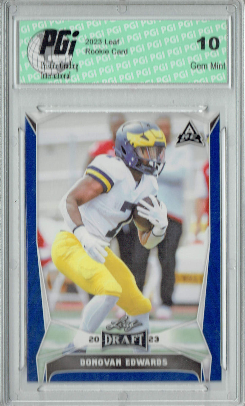 Donovan Edwards Rookie Card PGI 10 Gem Mint Football Trading Card 2023 Leaf Football #33 Blue SP