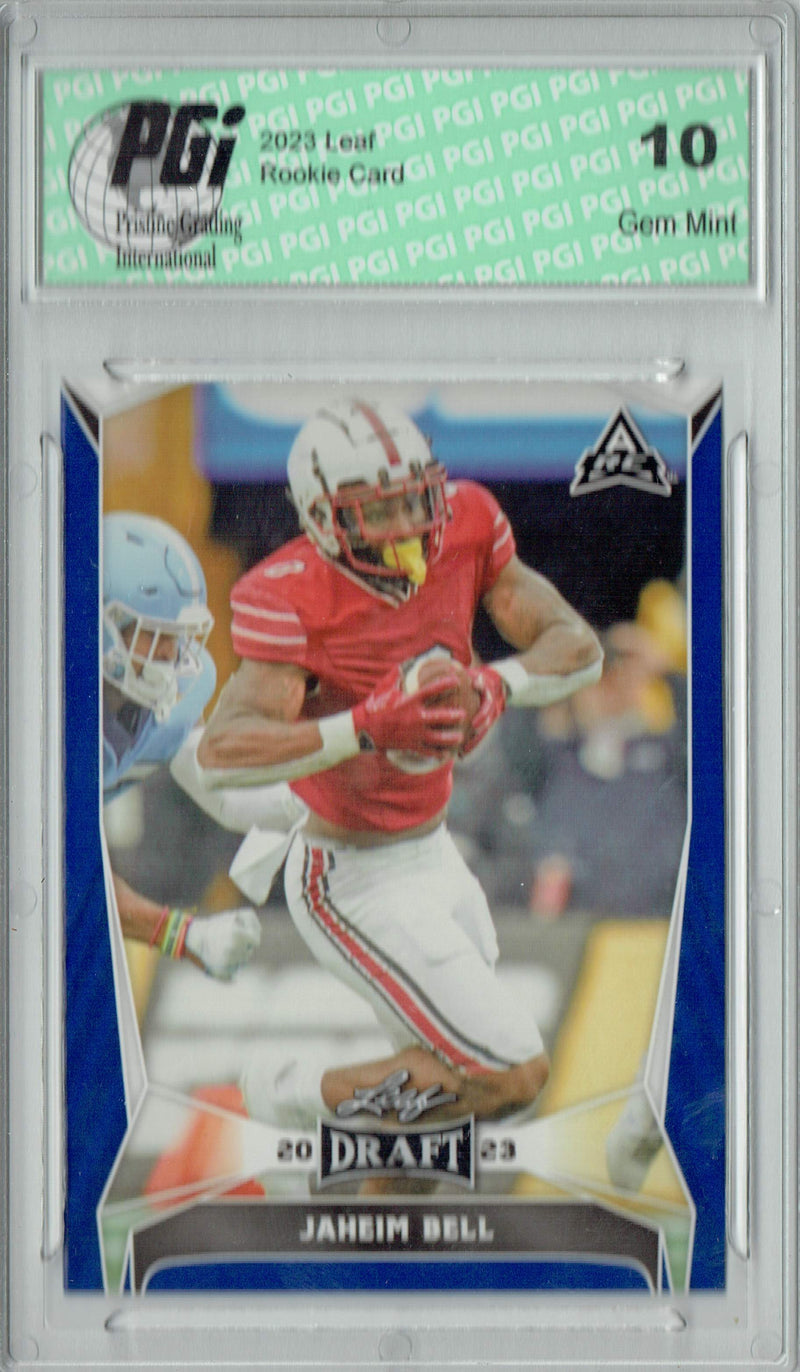 Jaheim Bell Rookie Card PGI 10 Gem Mint Football Trading Card 2023 Leaf Football #35 Blue SP