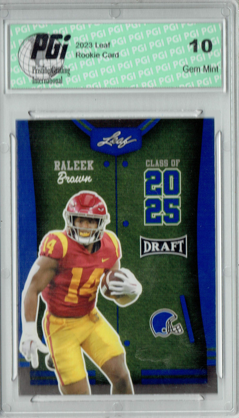 Raleek Brown Rookie Card PGI 10 Gem Mint Football Trading Card 2023 Leaf Football #84 Blue SP Class of 2027