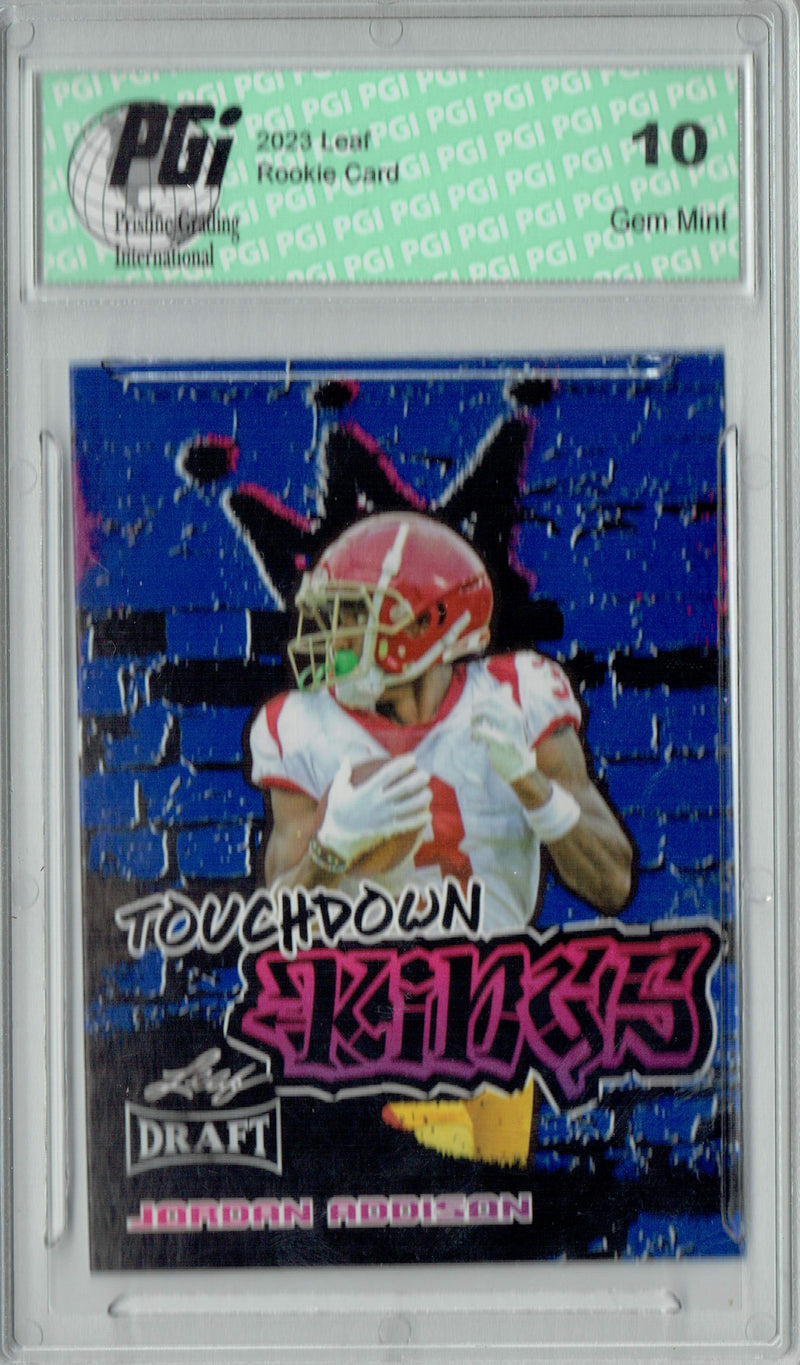 Jordan Addison Rookie Card Minnesota PGI 10 Gem Mint Football Trading Card 2023 Leaf Football #98 Blue SP Touchdown Kings