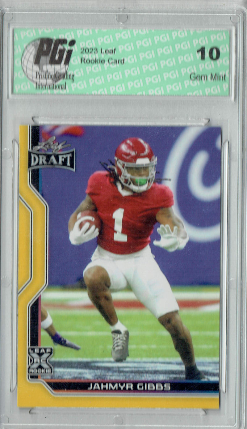 Jahmyr Gibbs Rookie Card PGI 10 Gem Mint Football Trading Card 2023 Leaf Football #B1-8 Gold SP Special Edition