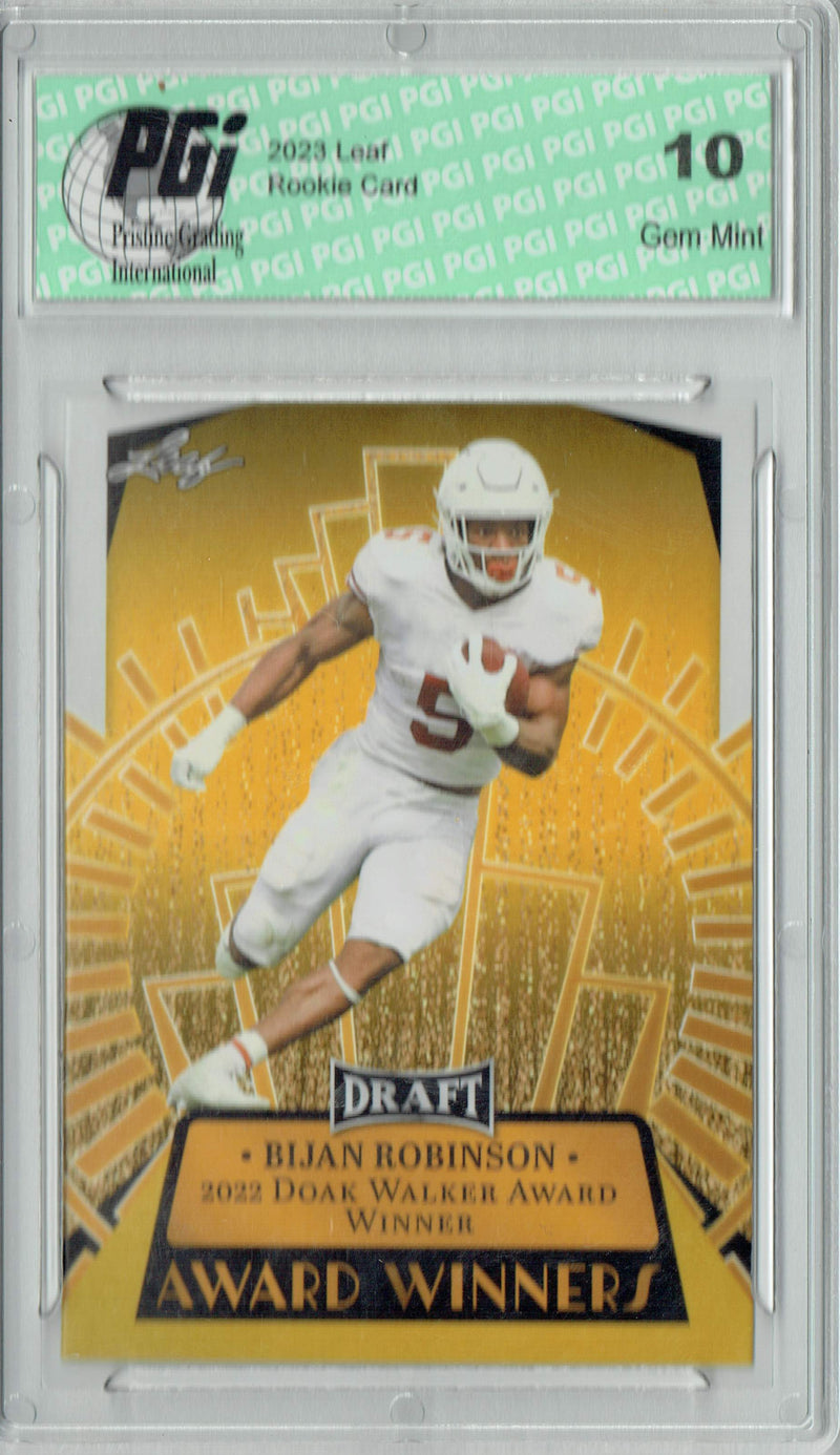 Bijan Robinson Rookie Card Atlanta PGI 10 Gem Mint Football Trading Card 2023 Leaf Football #12 Gold SP Award Winners