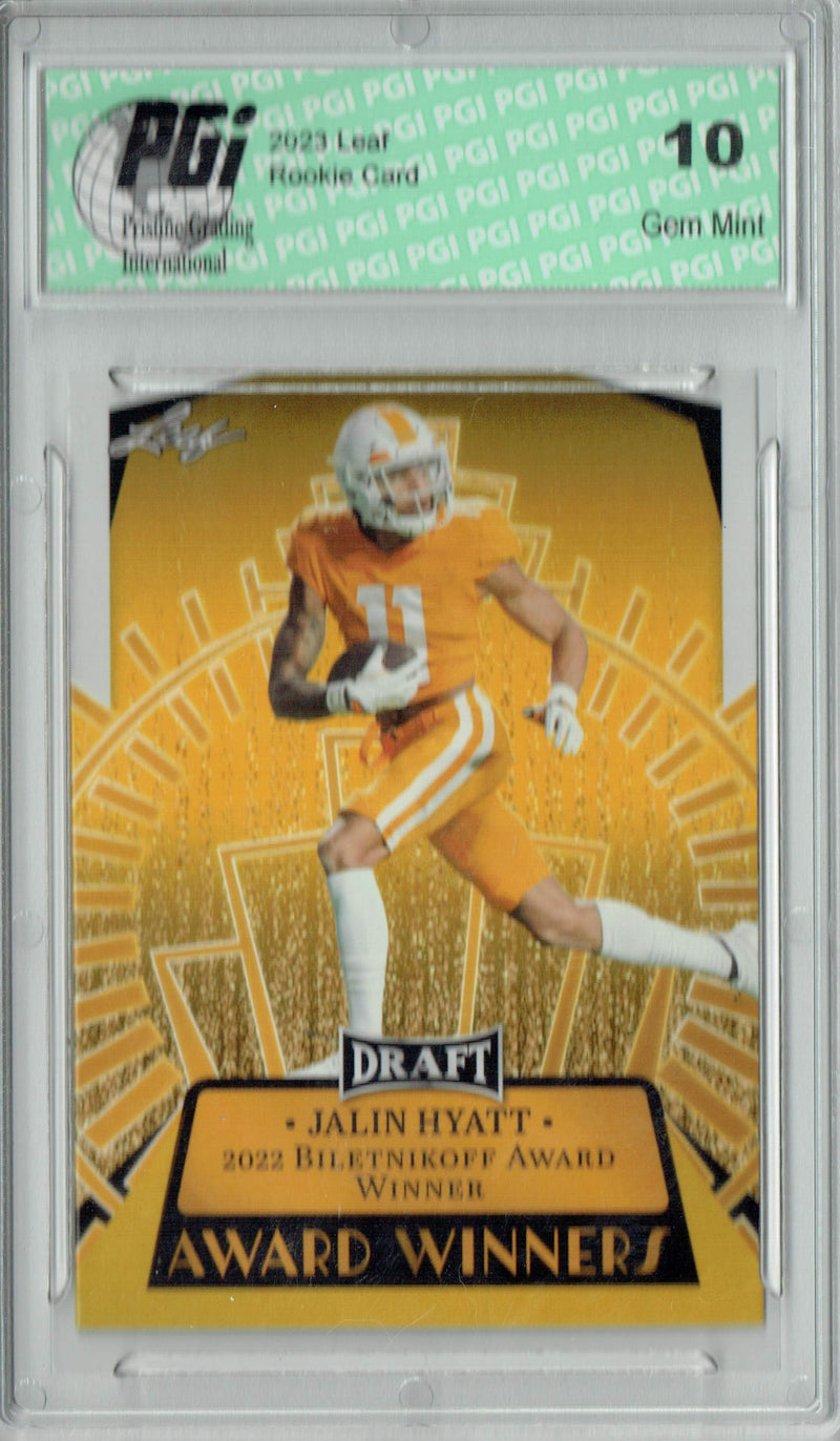 Jalin Hyatt Rookie Card PGI 10 Gem Mint Football Trading Card 2023 Leaf Football #15 Gold SP Award Winners