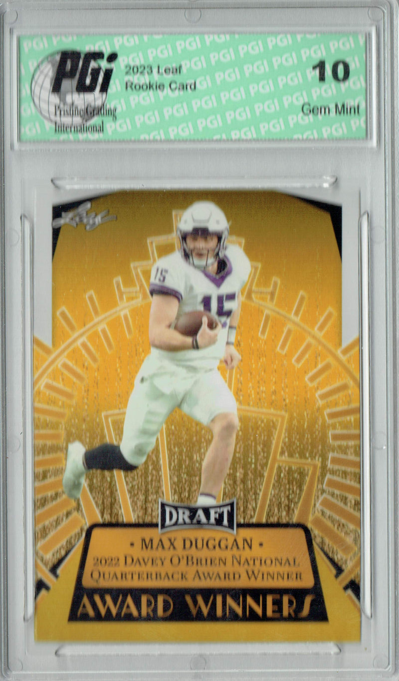 Max Duggan Rookie Card PGI 10 Gem Mint Football Trading Card 2023 Leaf Football #16 Gold SP Award Winners