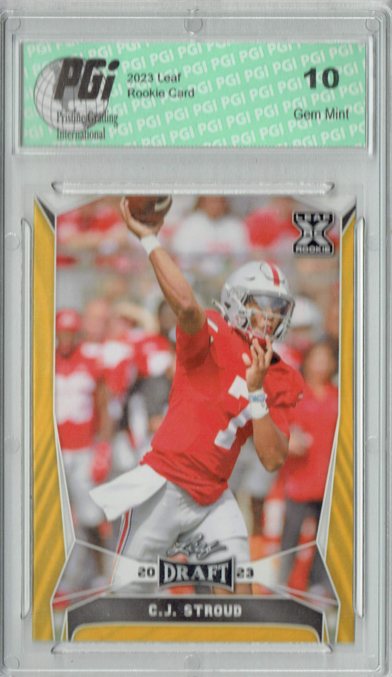 C.J. Stroud Rookie Card Ohio State / Houston PGI 10 Gem Mint Football Trading Card 2023 Leaf Football #43 Gold SP Ohio State