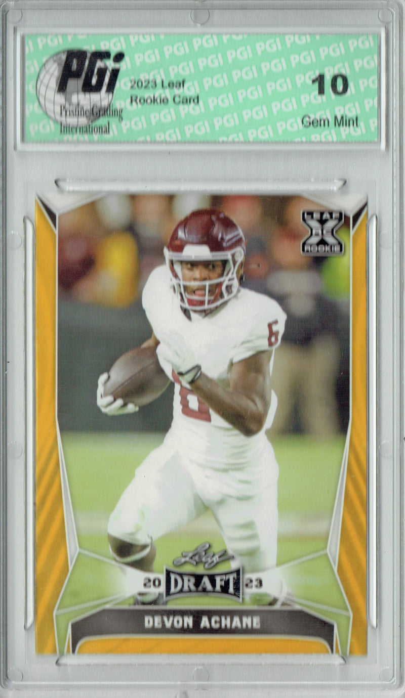 Devon Achane Rookie Card PGI 10 Gem Mint Football Trading Card 2023 Leaf Football #46 Gold SP