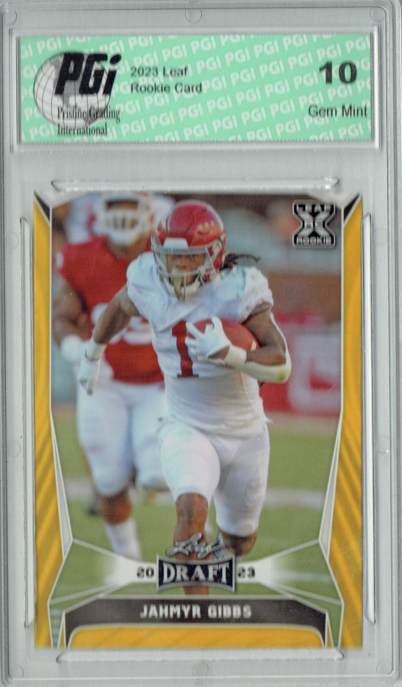 Jahmyr Gibbs Rookie Card PGI 10 Gem Mint Football Trading Card 2023 Leaf Football #50 Gold SP