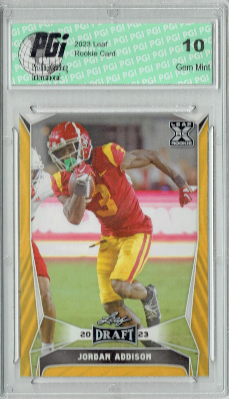 Jordan Addison Rookie Card Minnesota PGI 10 Gem Mint Football Trading Card 2023 Leaf Football #56 Gold SP