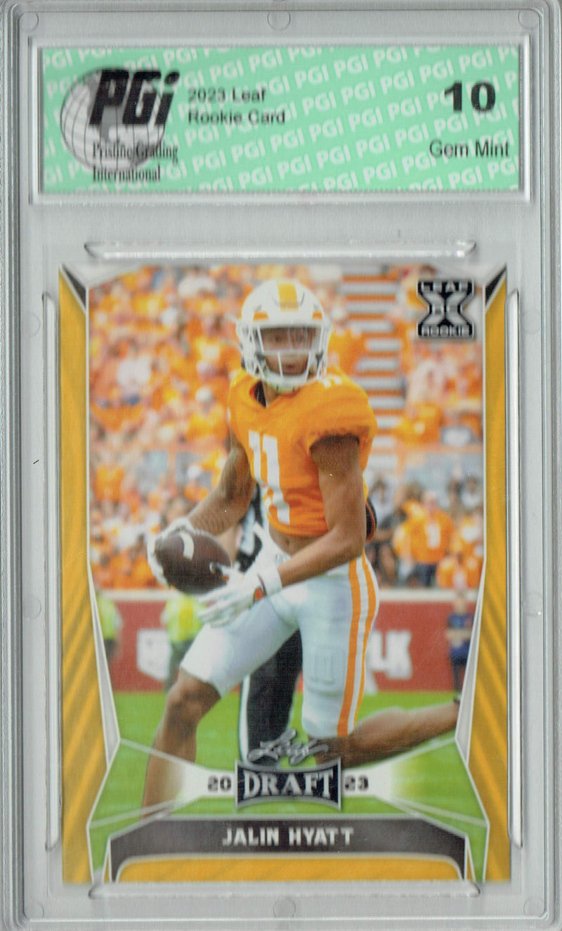 Jalin Hyatt Rookie Card PGI 10 Gem Mint Football Trading Card 2023 Leaf Football #53 Gold SP