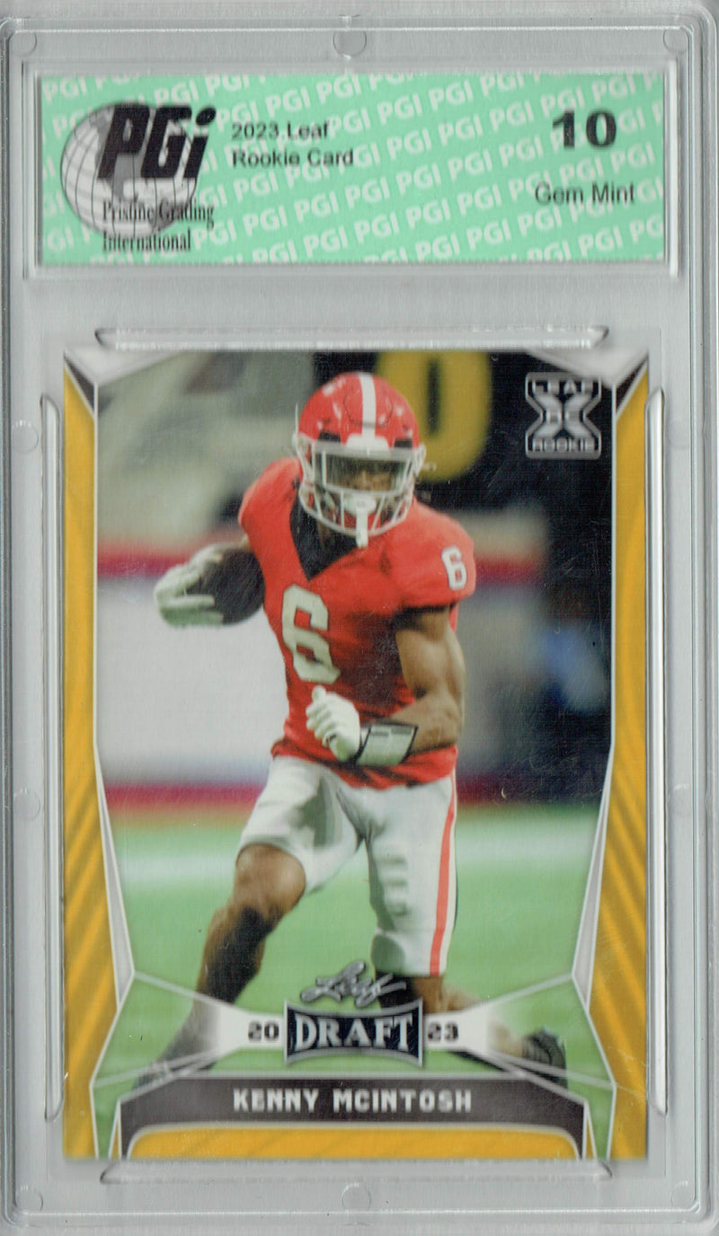 Kenny McIntosh Rookie Card PGI 10 Gem Mint Football Trading Card 2023 Leaf Football #59 Gold SP