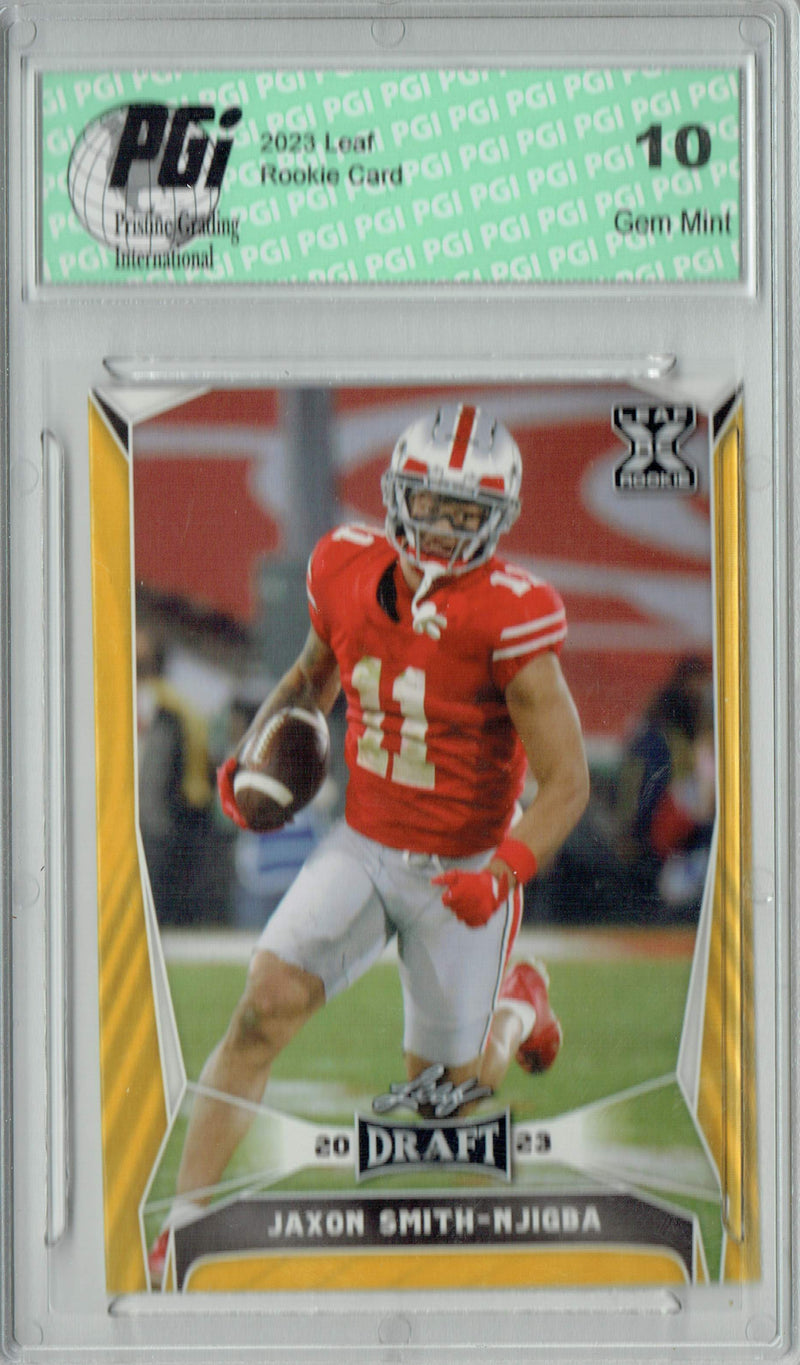 Jaxon Smith-Njigba Rookie Card PGI 10 Gem Mint Football Trading Card 2023 Leaf Football #55 Gold SP
