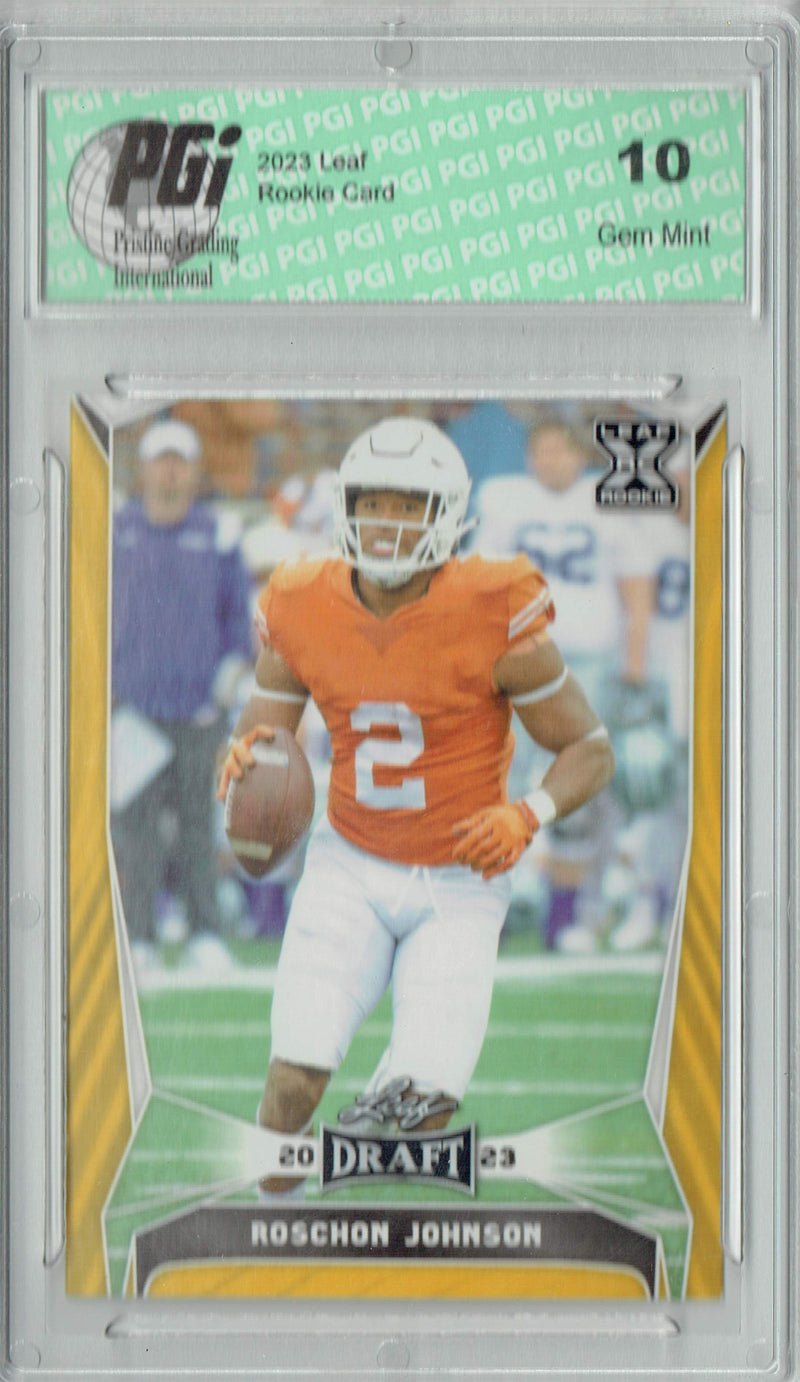 Roschon Johnson Rookie Card PGI 10 Gem Mint Football Trading Card 2023 Leaf Football #68 Gold SP