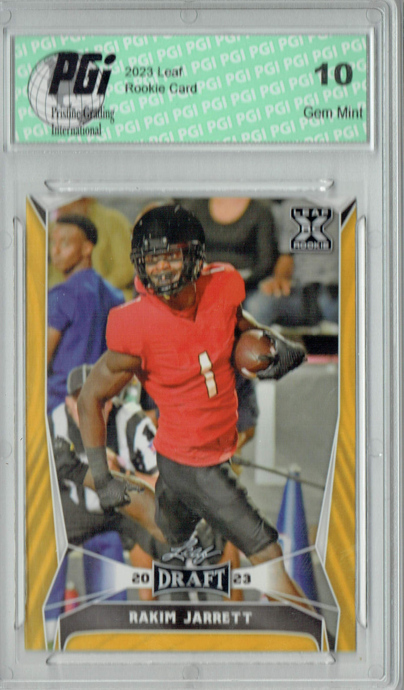 Rakim Jarrett Rookie Card PGI 10 Gem Mint Football Trading Card 2023 Leaf Football #65 Gold SP