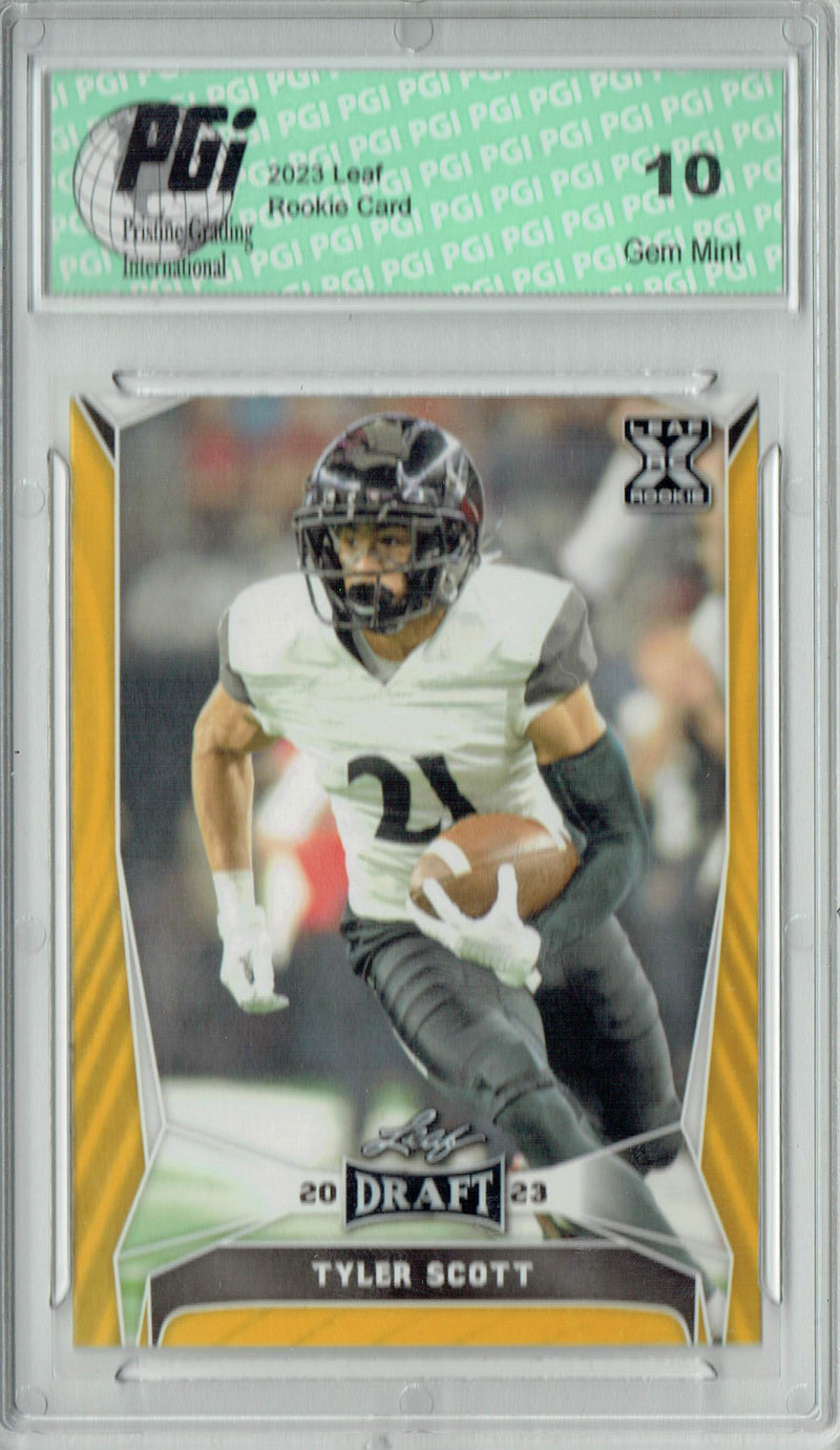 Tyler Scott Rookie Card PGI 10 Gem Mint Football Trading Card 2023 Leaf Football #71 Gold SP