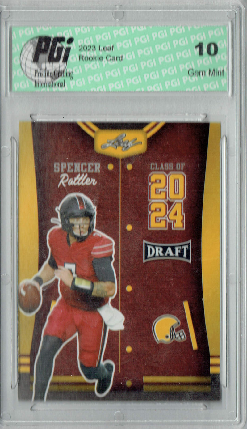 Spencer Rattler Rookie Card Oklahoma PGI 10 Gem Mint Football Trading Card 2023 Leaf Football #80 Gold SP Class of 2028