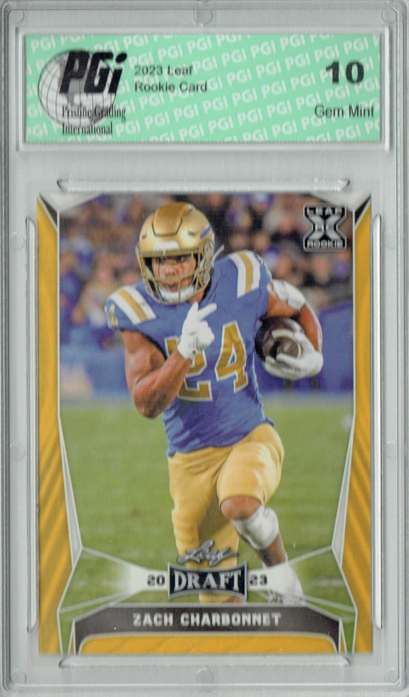 Zach Charbonnet Rookie Card PGI 10 Gem Mint Football Trading Card 2023 Leaf Football #74 Gold SP