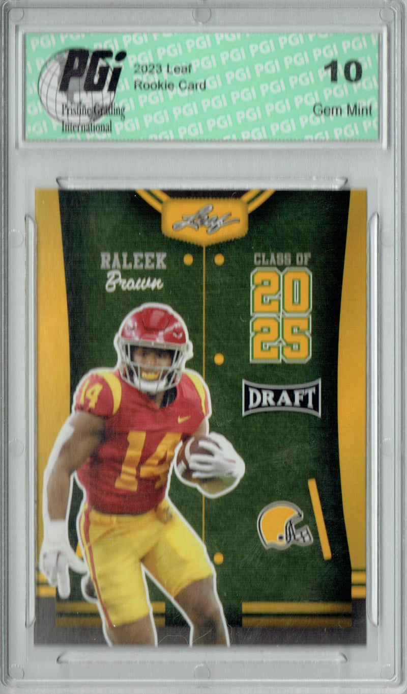 Raleek Brown Rookie Card PGI 10 Gem Mint Football Trading Card 2023 Leaf Football #84 Gold SP Class of 2025
