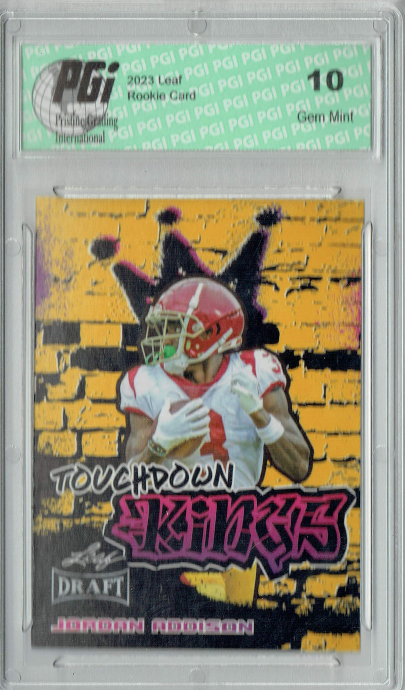 Jordan Addison Rookie Card Minnesota PGI 10 Gem Mint Football Trading Card 2023 Leaf Football #98 Gold SP Touchdown Kings