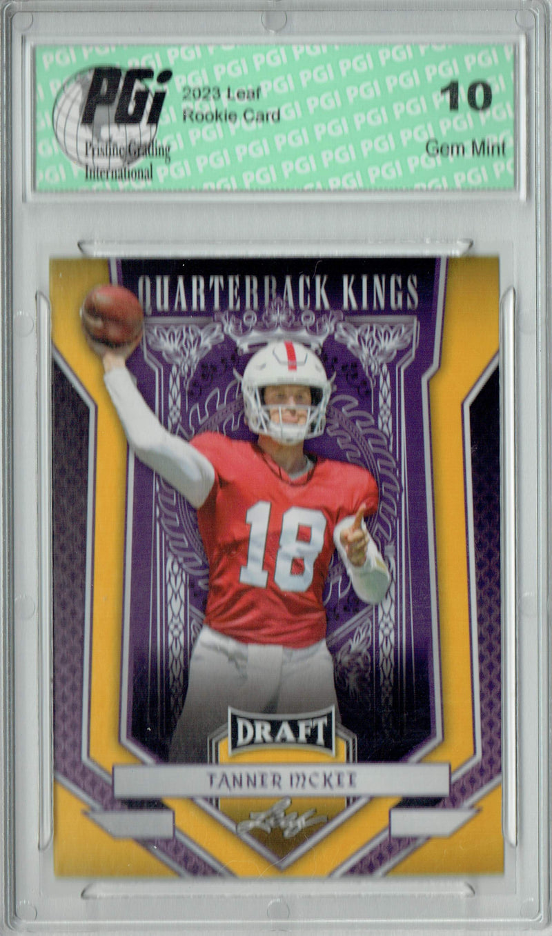 Tanner McKee Rookie Card PGI 10 Gem Mint Football Trading Card 2023 Leaf Football #94 Gold SP Quarterback Kings