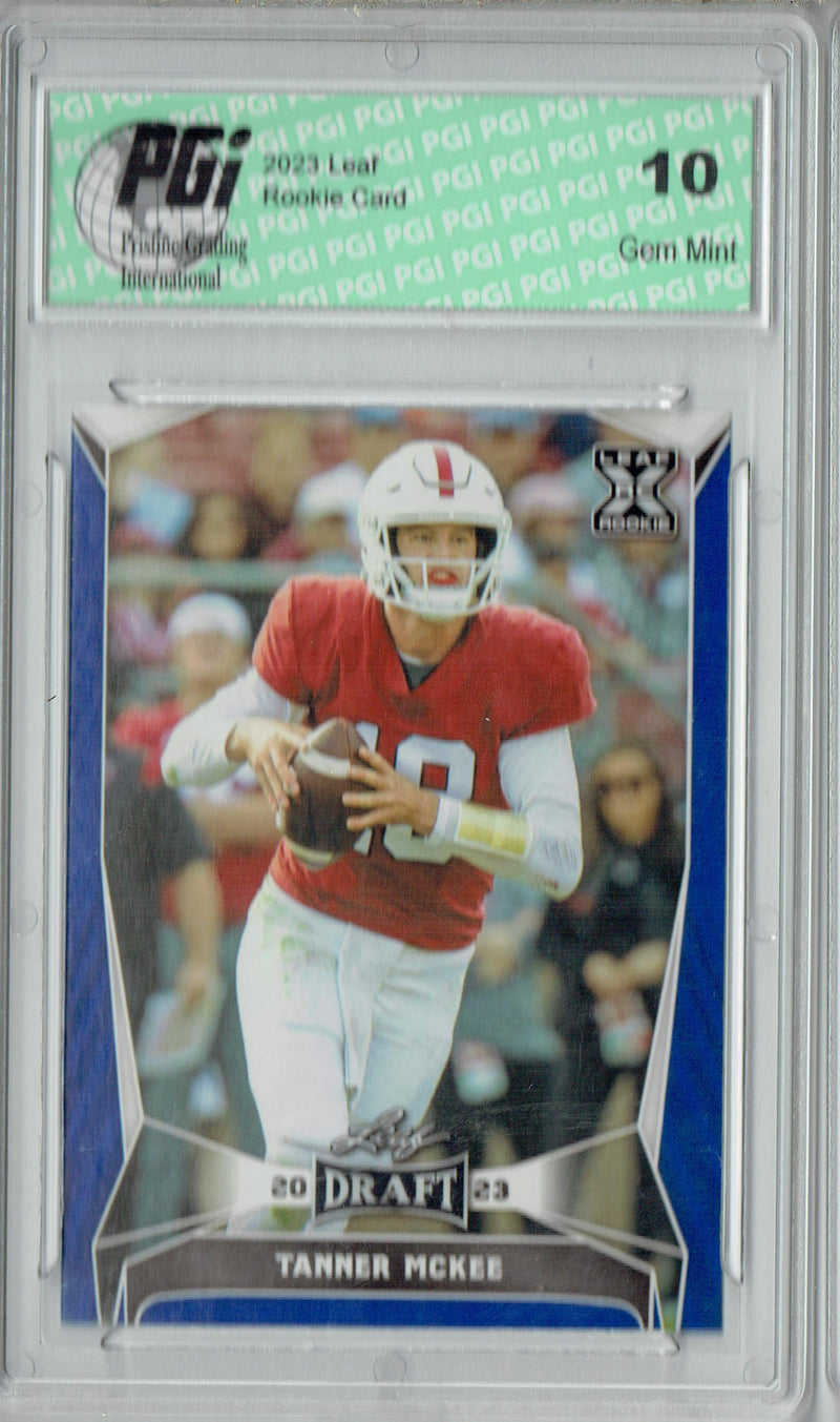 Tanner McKee Rookie Card PGI 10 Gem Mint Football Trading Card 2023 Leaf Football #70 Blue SP
